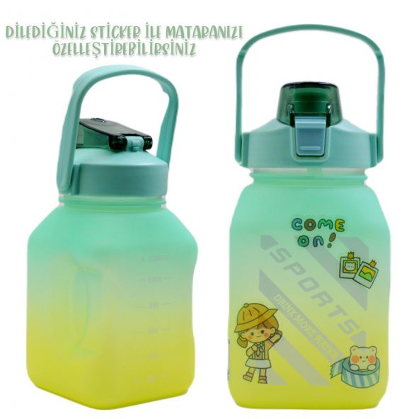 BottleBoss Kare Spor Model Taşıma Askılı Pipetli Motivasyon Matarası 1,5 Litre Sticker HEDİYELİ Yeşil - 5