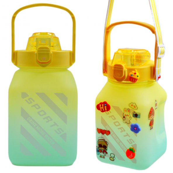 BottleBoss Kare Spor Model Taşıma Askılı Pipetli Motivasyon Matarası 1,5 Litre Sticker HEDİYELİ Sarı - 6