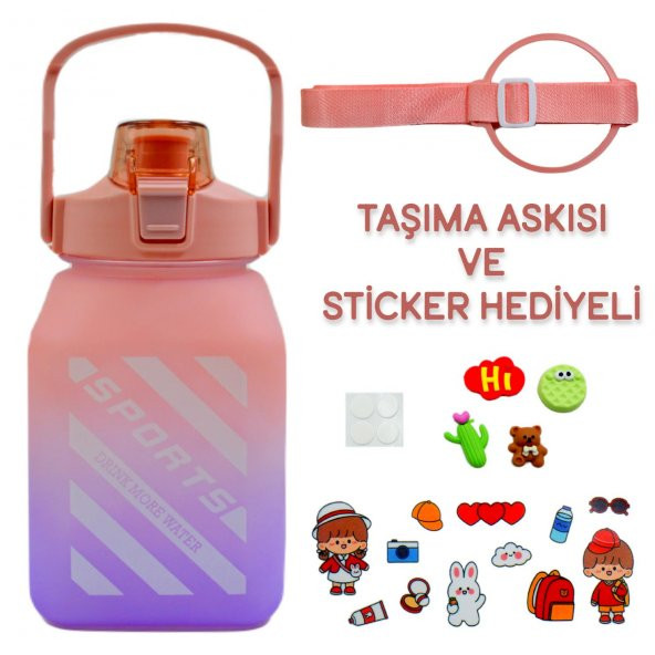 BottleBoss Kare Spor Model Taşıma Askılı Pipetli Motivasyon Matarası 1,5 Litre Sticker HEDİYELİ Pembe - 2