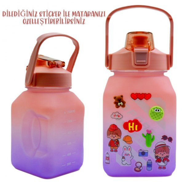 BottleBoss Kare Spor Model Taşıma Askılı Pipetli Motivasyon Matarası 1,5 Litre Sticker HEDİYELİ Pembe - 5