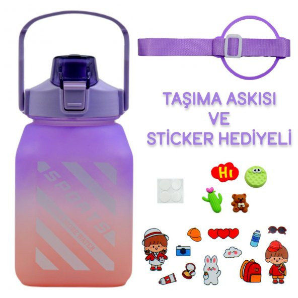 BottleBoss Kare Spor Model Taşıma Askılı Pipetli Motivasyon Matarası 1,5 Litre Sticker HEDİYELİ Mor - 2
