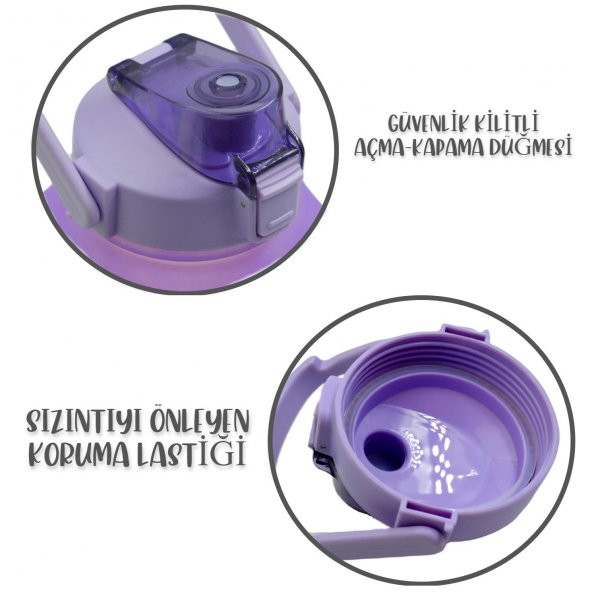 BottleBoss Kare Spor Model Taşıma Askılı Pipetli Motivasyon Matarası 1,5 Litre Sticker HEDİYELİ Mor - 3