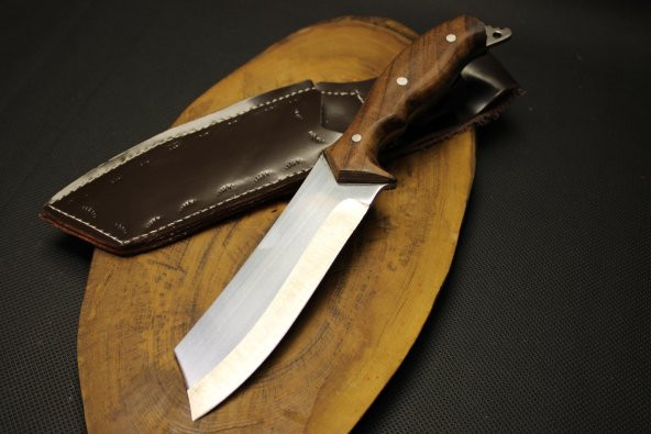 El Yapımı 27 cm Tanto Ağızlı Çelik Deri Kılıflı Avcı Bıçağı No:009