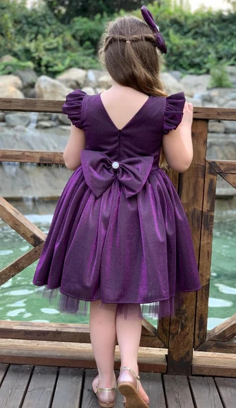 Kız Çocuk Parıldayan Mor Elbise - Resim 3