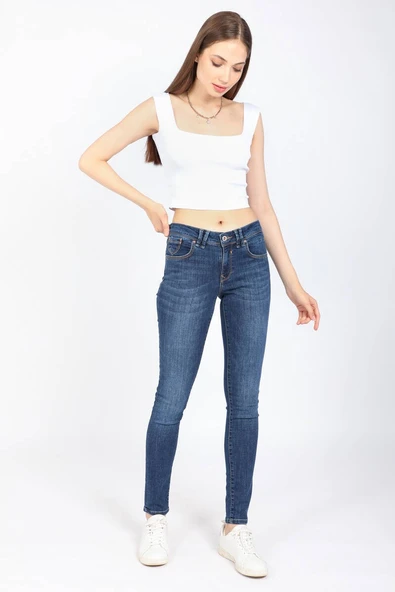 Kadın Orta Bel Streç Jean Pantolon Koyu Mavi - Resim 3