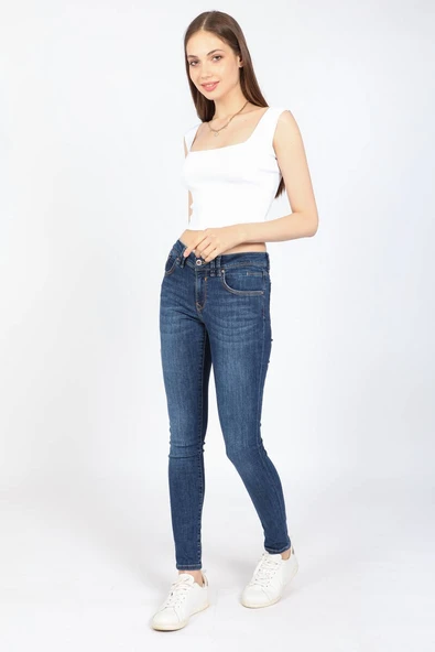 Kadın Orta Bel Streç Jean Pantolon Koyu Mavi - Resim 2