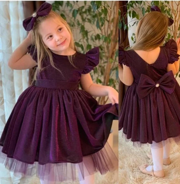 Kız Çocuk Parıldayan Mor Elbise - Resim 5