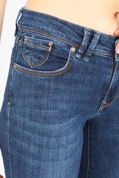 Kadın Orta Bel Streç Jean Pantolon Koyu Mavi - Resim 6