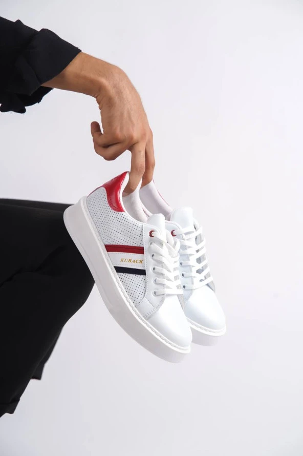 KB-036 Bağcıklı Beyaz Kırmızı Günlük Erkek Ayakkabı - Resim 2