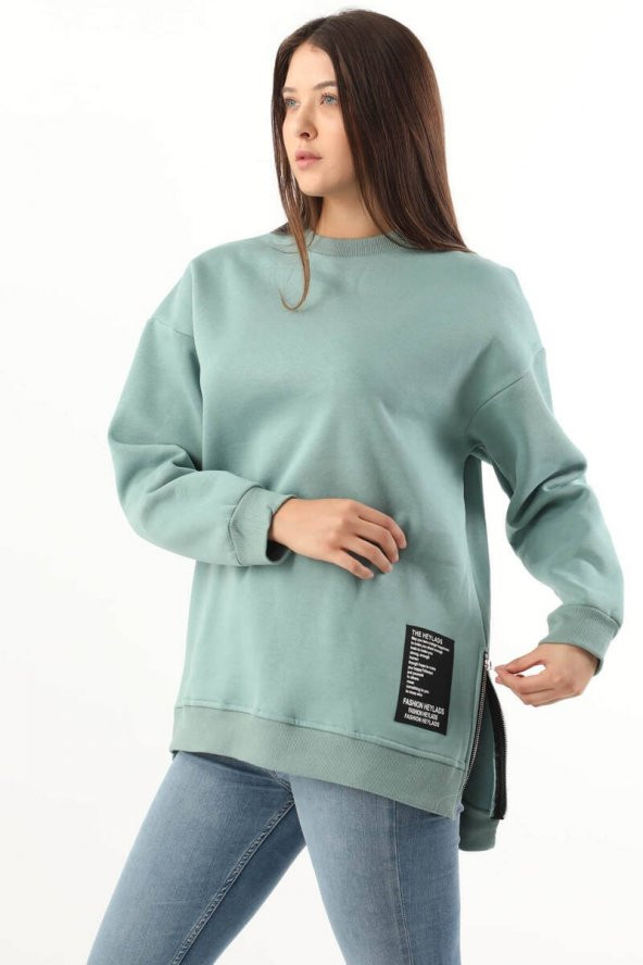 Kadın Fermuar Detaylı Oversize Sweatshirt Mint