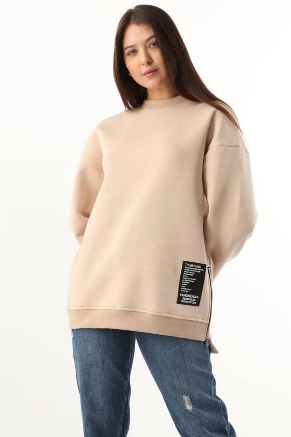 Kadın Fermuar Detaylı Oversize Sweatshirt Bej