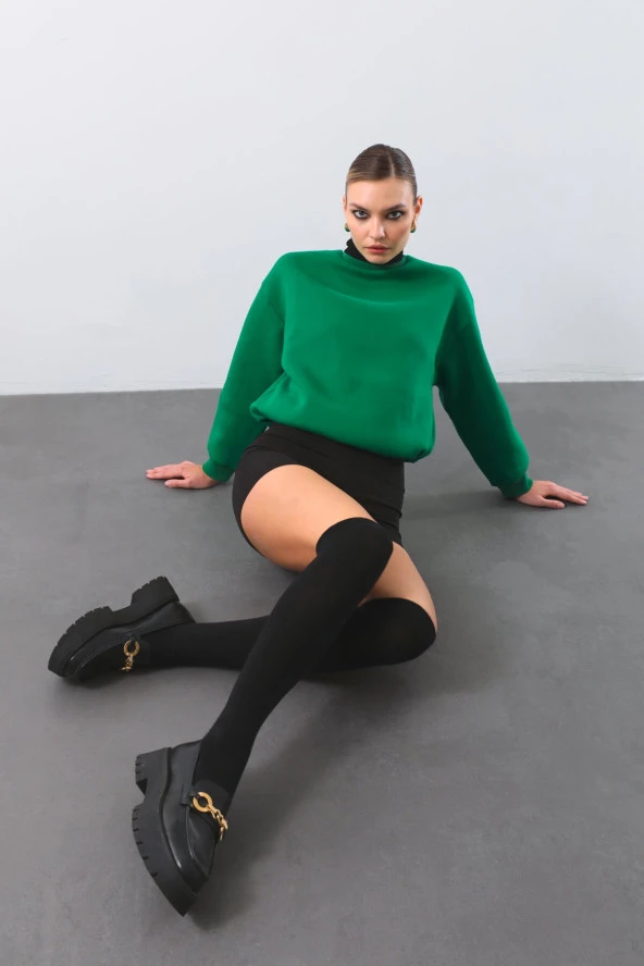 Kadın Şardonlu Oversize Sweatshirt Yeşil