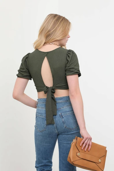 Sırt Dekolteli Kuşak Bağlamalı Crop Top Haki - 5
