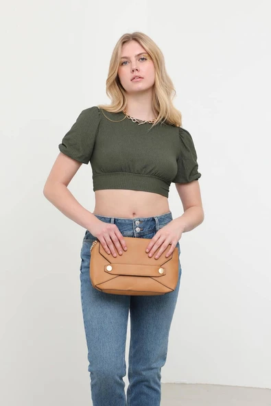 Sırt Dekolteli Kuşak Bağlamalı Crop Top Haki - 3