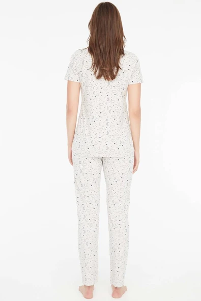 Mod Collection Kadın Gece Desenli Boydan Patlı Pijama Takımı Bej - 2
