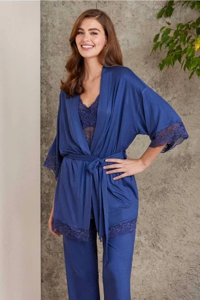 Pierre Cardin Dantelli Sabahlıklı Penye Pijama Takımı Lacivert ürün görseli