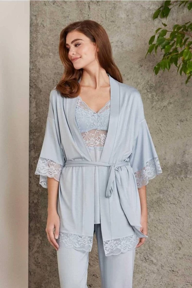 Pierre Cardin Dantelli Sabahlıklı Penye Pijama Takımı Mist