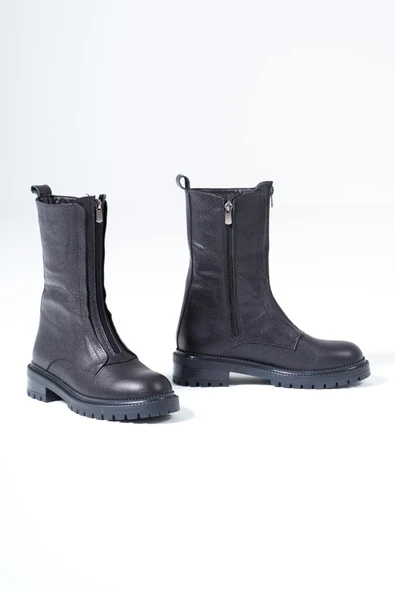 Hakiki Deri Kadın Bot Önden Fermuarlı Tırtıklı Tabanlı Kışlık 46.057 - 6