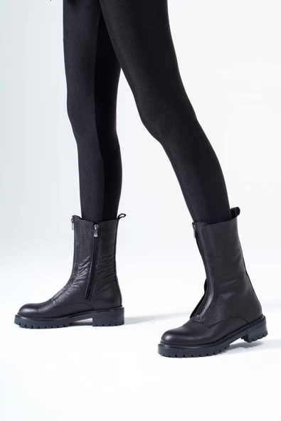 Hakiki Deri Kadın Bot Önden Fermuarlı Tırtıklı Tabanlı Kışlık 46.057 - 4