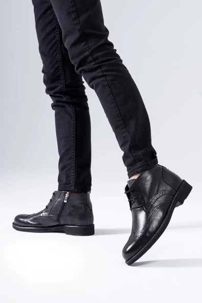 Hakiki Deri Erkek Klasik Bot Bağcıklı Fermuarlı Kışlık Ayakkabı - Resim 11