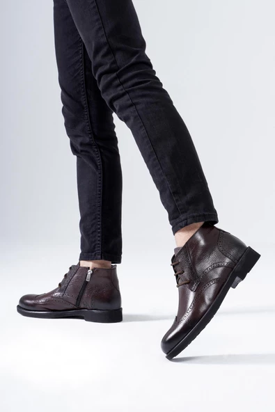 Hakiki Deri Erkek Klasik Bot Bağcıklı Fermuarlı Kışlık Ayakkabı - Resim 4