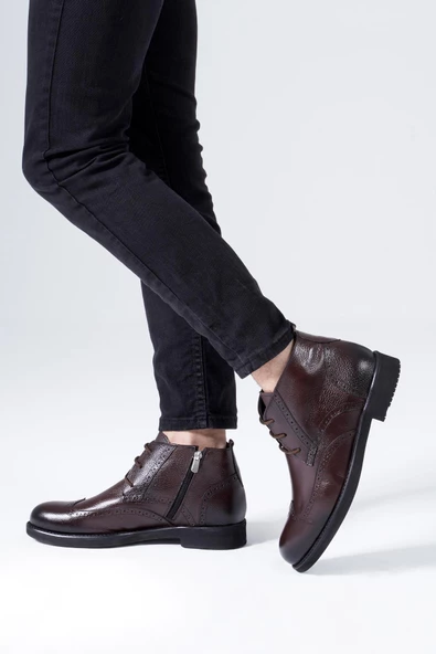 Hakiki Deri Erkek Klasik Bot Bağcıklı Fermuarlı Kışlık Ayakkabı - Resim 2