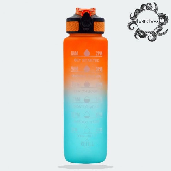BottleBoss Renk Geçişli Sızdırmaz Kapak Motivasyon Matarası 1 Litre Sticker HEDİYELİ Turuncu