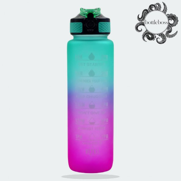 BottleBoss Renk Geçişli Sızdırmaz Kapak Motivasyon Matarası 1 Litre Sticker HEDİYELİ Yeşil