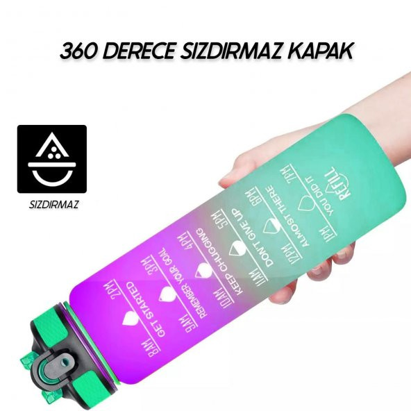 BottleBoss Renk Geçişli Sızdırmaz Kapak Motivasyon Matarası 1 Litre Sticker HEDİYELİ Yeşil - 7