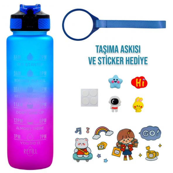 BottleBoss Renk Geçişli Sızdırmaz Kapak Motivasyon Matarası 1 Litre Sticker HEDİYELİ Mavi - 2