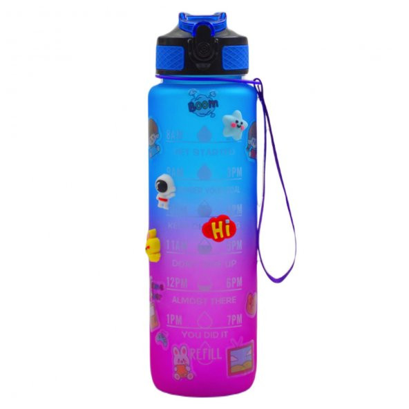 BottleBoss Renk Geçişli Sızdırmaz Kapak Motivasyon Matarası 1 Litre Sticker HEDİYELİ Mavi - 5