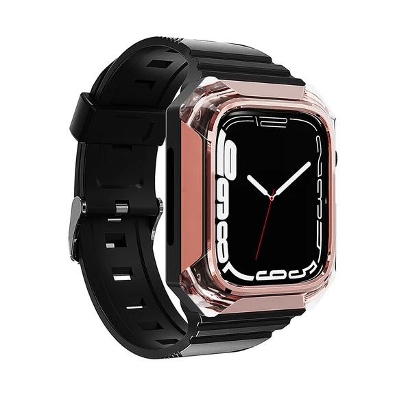 Apple Watch 7 41mm Zore KRD-88 Sert PC Kasa Koruyuculu Silikon Kordon Saat Değildir.  Rose Gold