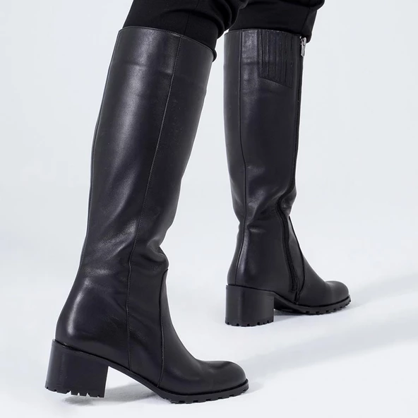 Hakiki Deri Kadın Düz Çizme Diz Altı Kaymaz Kışlık Ayakkabı - 10