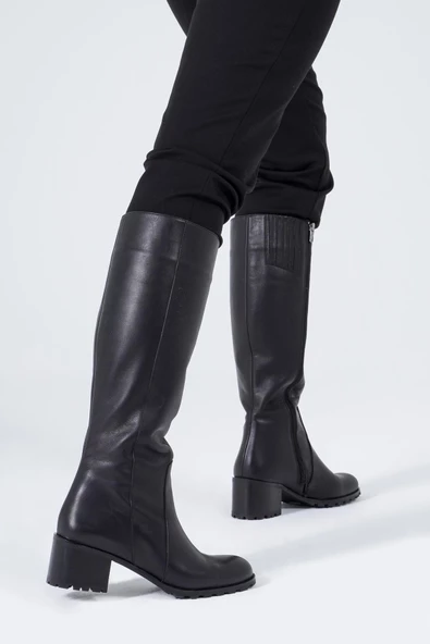 Hakiki Deri Kadın Düz Çizme Diz Altı Kaymaz Kışlık Ayakkabı - 5