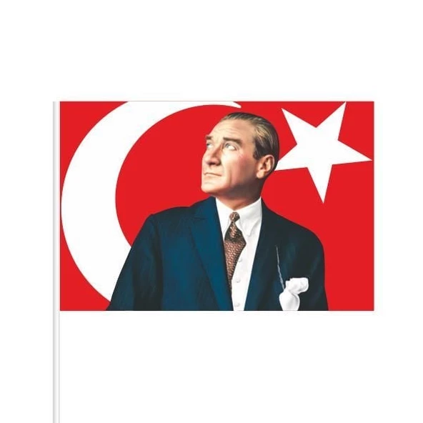 Atatürklü Türk bayrağı 30x45 cm Raşel Kumaş - Sopalı- 10 adet Model 1 - 2