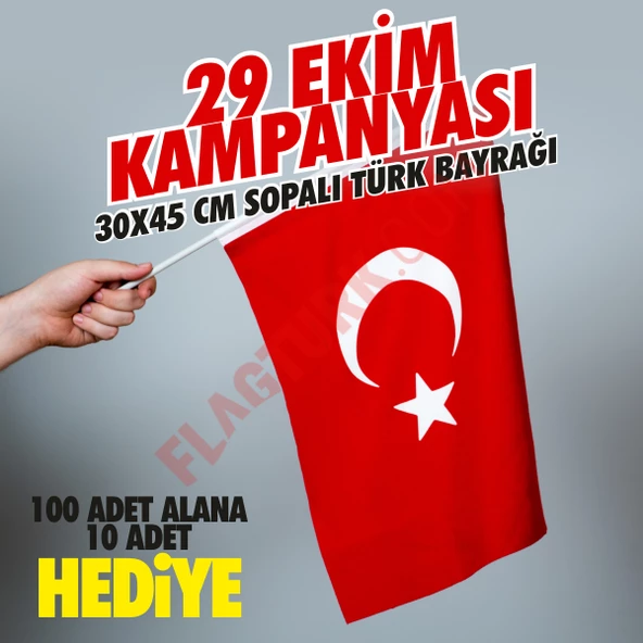 Sopalı Türk Bayrağı 30x45 cm Alpaka Kumaş 100 Adet+10 Adet HEDİYE