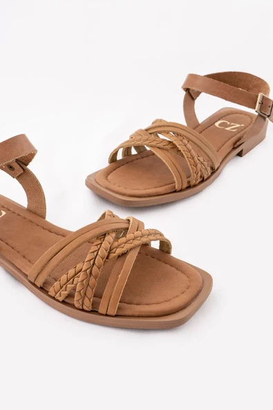 Hakiki Deri Kadın Sandalet Çok Bantlı Örgülü Bilekten Bağlı - Resim 7