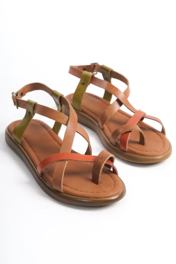 Hakiki Deri Kadın Parmak Arası Sandalet Çapraz Bantlı Rahat - Resim 11