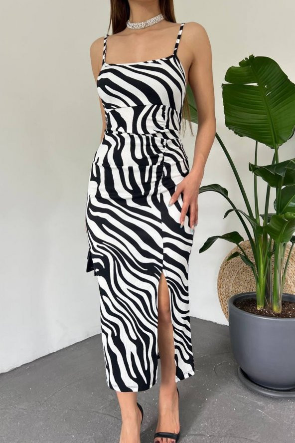 Zebra Desen Yırtmaç Detay Askılı Uzun Elbise