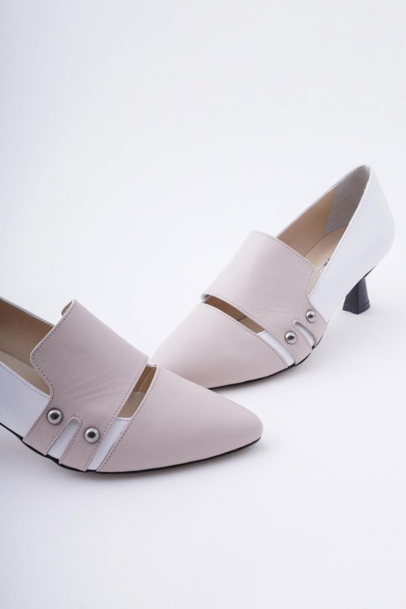 Hakiki Deri Kadın Topuklu Ayakkabı Metal Zımbalı Sivri Burunlu - Resim 3