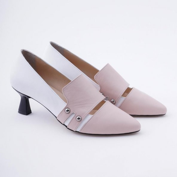 Hakiki Deri Kadın Topuklu Ayakkabı Metal Zımbalı Sivri Burunlu - Resim 9