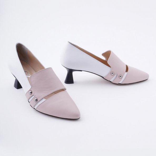 Hakiki Deri Kadın Topuklu Ayakkabı Metal Zımbalı Sivri Burunlu - Resim 10