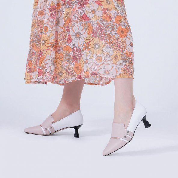 Hakiki Deri Kadın Topuklu Ayakkabı Metal Zımbalı Sivri Burunlu - Resim 12