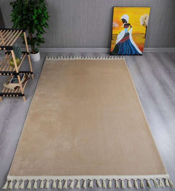 Orkide Home Modern Puffy Örgü Saçaklı  Simirna Peluş Post Halı  Bej 80 x 250