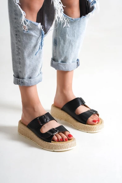 Marta Siyah Hakiki Deri Çift Bantlı Kalın Taban Günlük Terlik - 2