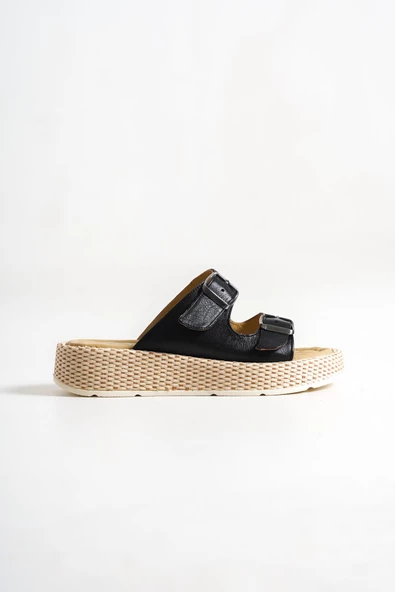 Marta Siyah Hakiki Deri Çift Bantlı Kalın Taban Günlük Terlik - 4