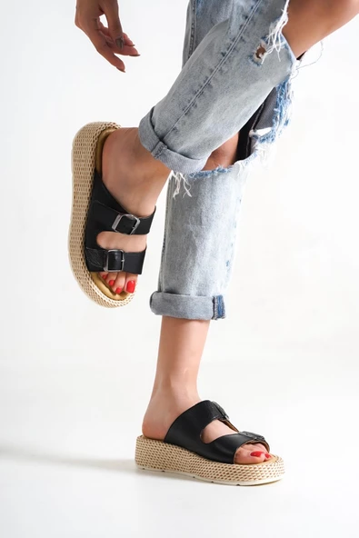 Marta Siyah Hakiki Deri Çift Bantlı Kalın Taban Günlük Terlik - 3