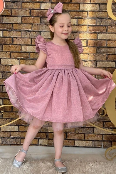 Kız Çocuk Parıldayan Pudra Elbise - 4