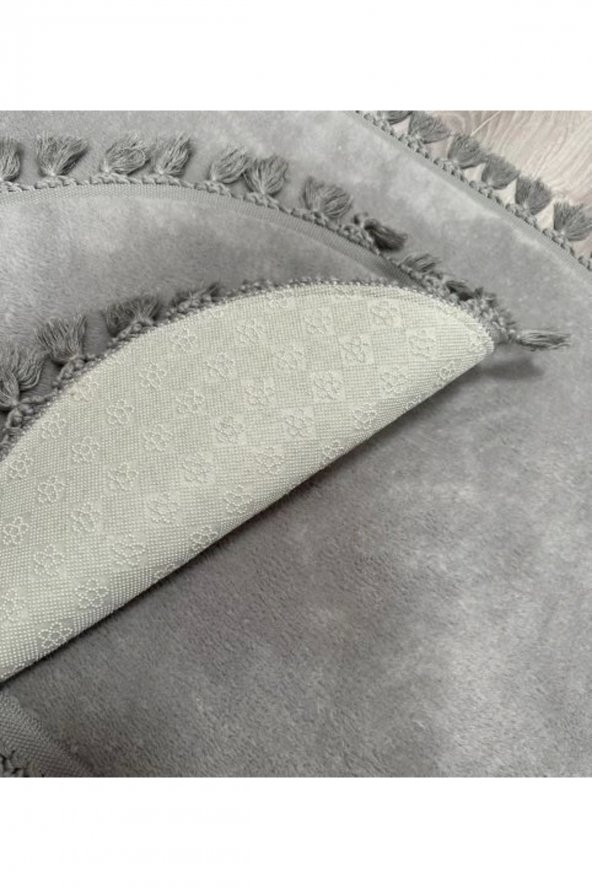 Orkide Home Dekoratif Modern Simirna Peluş Gri Ponpon Saçaklı Oval Klozet Takımı - 3