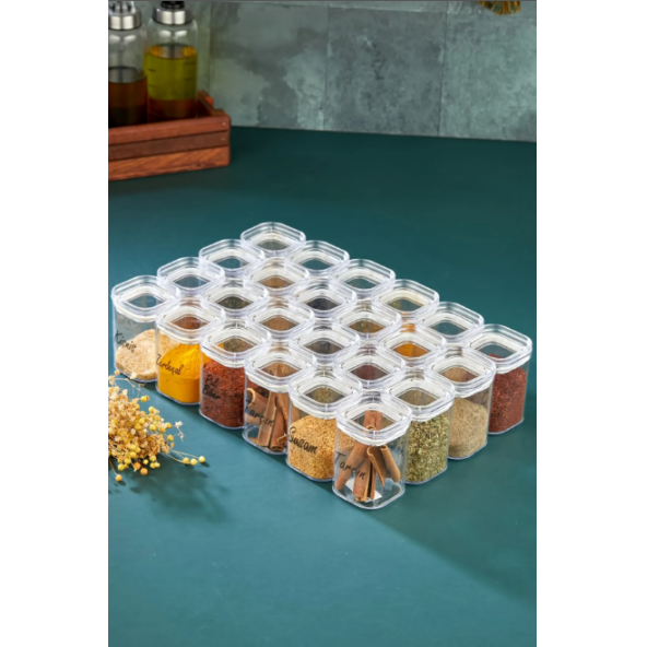 Etiketli 24'lü 250 Ml Akrilik Saklama Kabı -Premium Sızdırmaz Mika Baharatlık